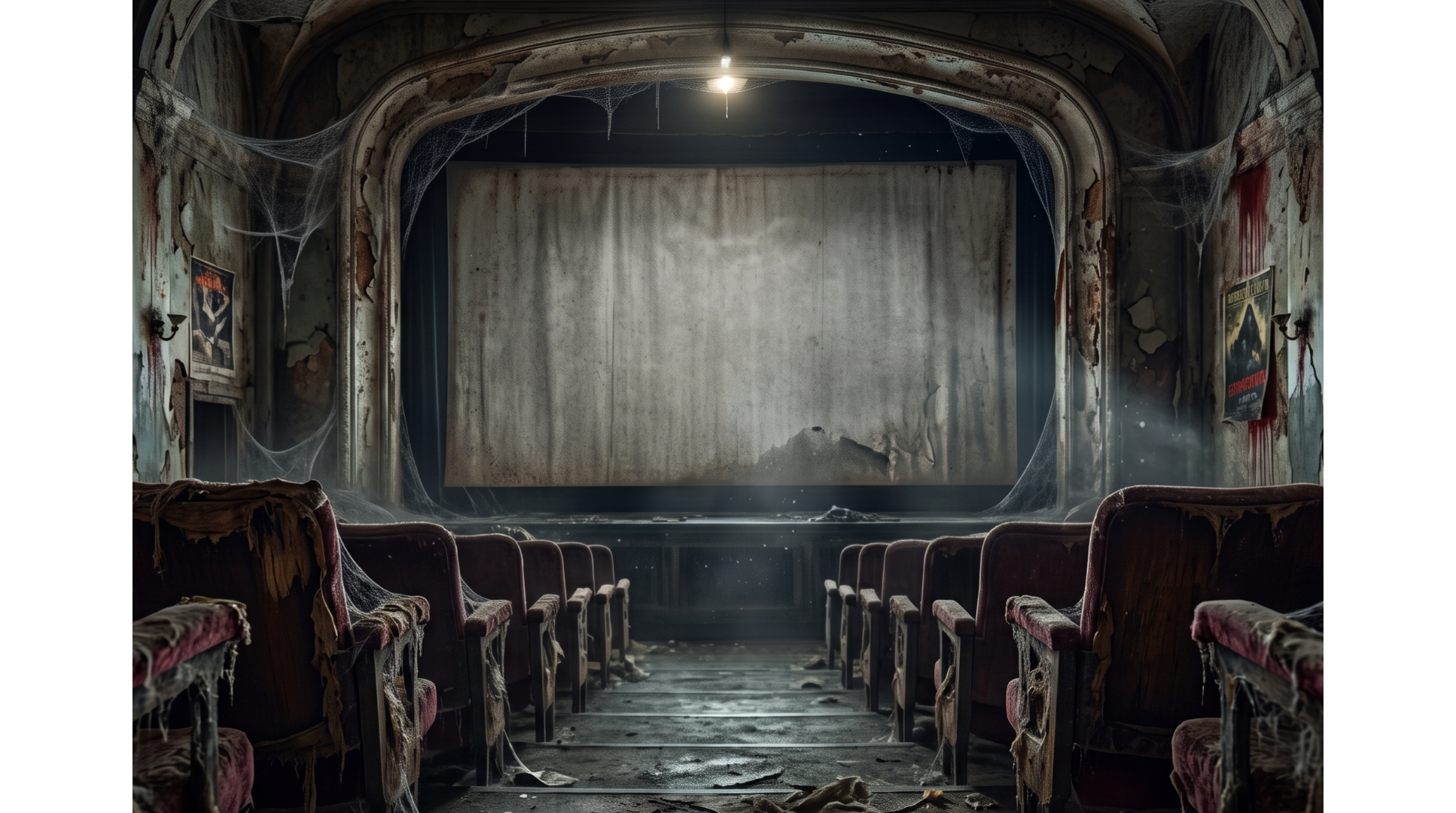 An abandoned haunted theater facing an old projection screen